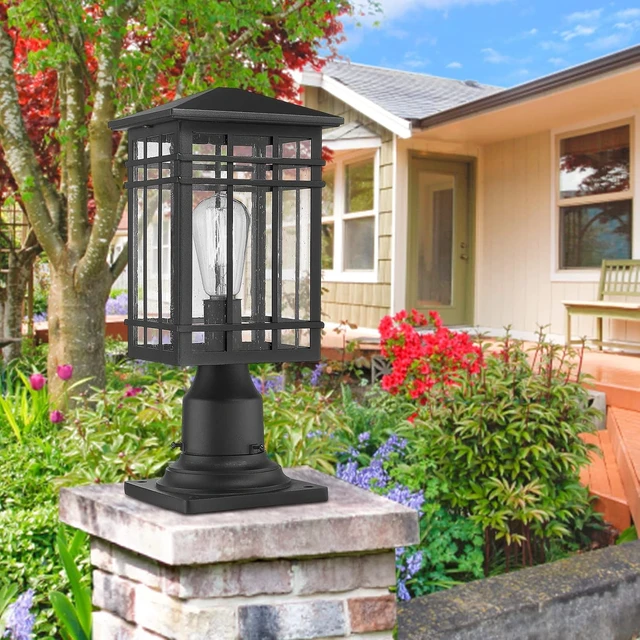 Alt view image 5 of 7 - Outdoor Post Lights Fixture - Exterior Post Lantern with Seeded Glass in Black Finish - Pillar Light Ideal for Patio, Pathway, and Driveway - Outdoor Pole Lights for Porch Post Lighting, Black