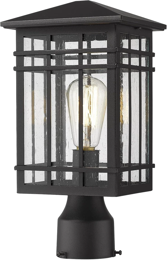 Alt view image 7 of 7 - Outdoor Post Lights Fixture - Exterior Post Lantern with Seeded Glass in Black Finish - Pillar Light Ideal for Patio, Pathway, and Driveway - Outdoor Pole Lights for Porch Post Lighting, Black