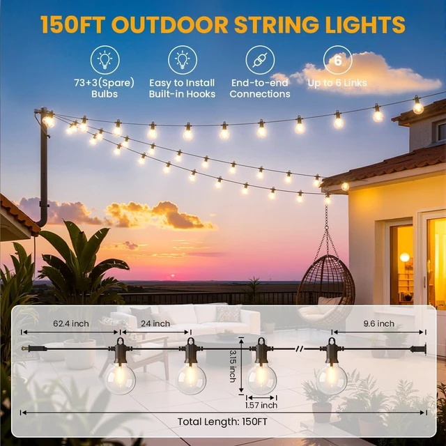 Alt view image 2 of 7 - G40 LED Outdoor String Lights, 150FT Waterproof IP65 Hanging Patio Lights