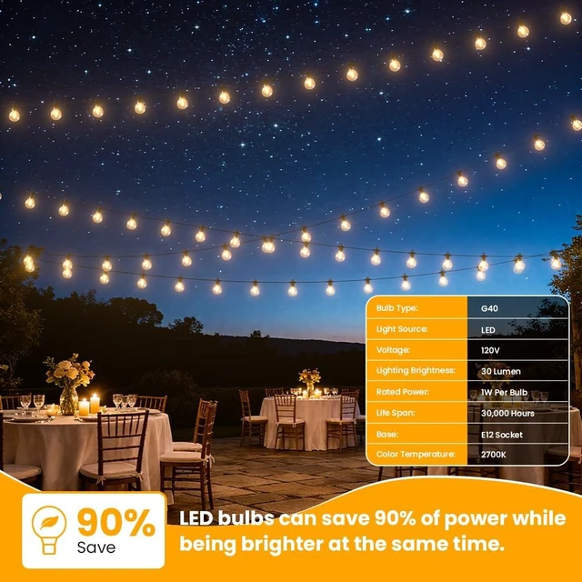 Alt view image 7 of 7 - G40 LED Outdoor String Lights, 150FT Waterproof IP65 Hanging Patio Lights