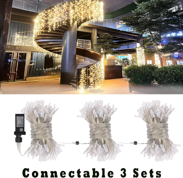 Alt view image 4 of 7 - Eueasy Curtain-Lights Outdoor, 300 LED-Fairy Lights, Connectable15×3.3 FT with 8 Lighting Modes, for Balconies, Fences, Stairs Guardrails