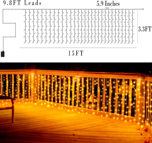 Alt view image 5 of 7 - Eueasy Curtain-Lights Outdoor, 300 LED-Fairy Lights, Connectable15×3.3 FT with 8 Lighting Modes, for Balconies, Fences, Stairs Guardrails