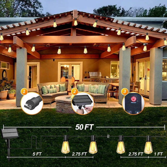 Alt view image 2 of 7 - BLIATLUS 50FT Solar String Lights Outdoor Remote 17 Shatterproof LED Bulbs