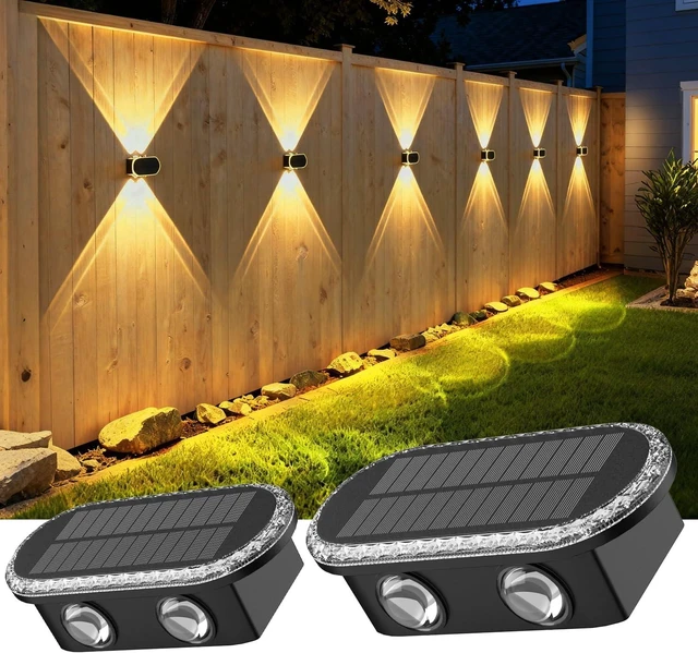 Main image of Ellasay Fence Lights Solar Powered: Outdoor LED Wall Lighting Dual Beam and 3 Color Modes IP65 Waterproof 12H Long Lasting Easy Mount for Garden Patio Backyard 2 Pack