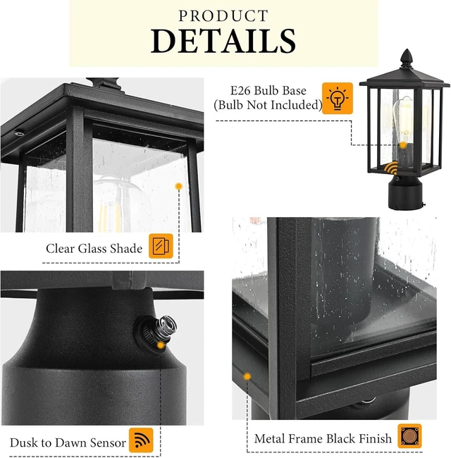 Alt view image 3 of 7 - Outdoor Dusk to Dawn Post Light Fixture with Glass, Aluminum Light Post Lamps for Patio, Yard, Garden, Porch