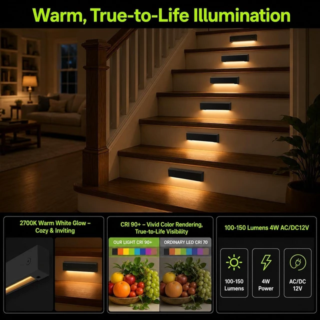 Alt view image 3 of 7 - 8-Pack Low Voltage 12V AC/DC LED Step Lights, 4W 2700K Warm White, 6-Inch IP65 Waterproof Outdoor Stair Lights, Die-Cast Aluminum Landscape Deck Lighting for Steps, Patio, Pathway, Retaining Wall