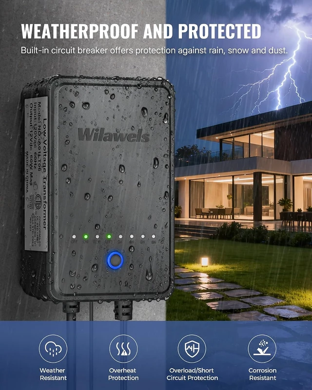 Alt view image 4 of 7 - 60W Low Voltage Landscape Transformer, Weatherproof Outdoor Low Voltage Transformer, 120V AC to 12V DC, Landscape Lighting Transformer with Timer and Photocell Sensor, ETL Listed A01LT06
