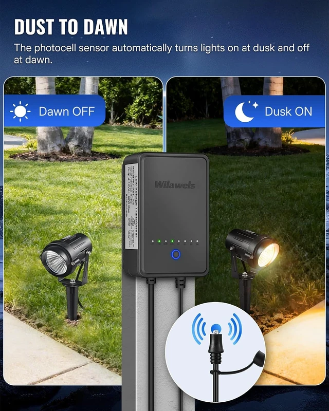 Alt view image 5 of 7 - 60W Low Voltage Landscape Transformer, Weatherproof Outdoor Low Voltage Transformer, 120V AC to 12V DC, Landscape Lighting Transformer with Timer and Photocell Sensor, ETL Listed A01LT06