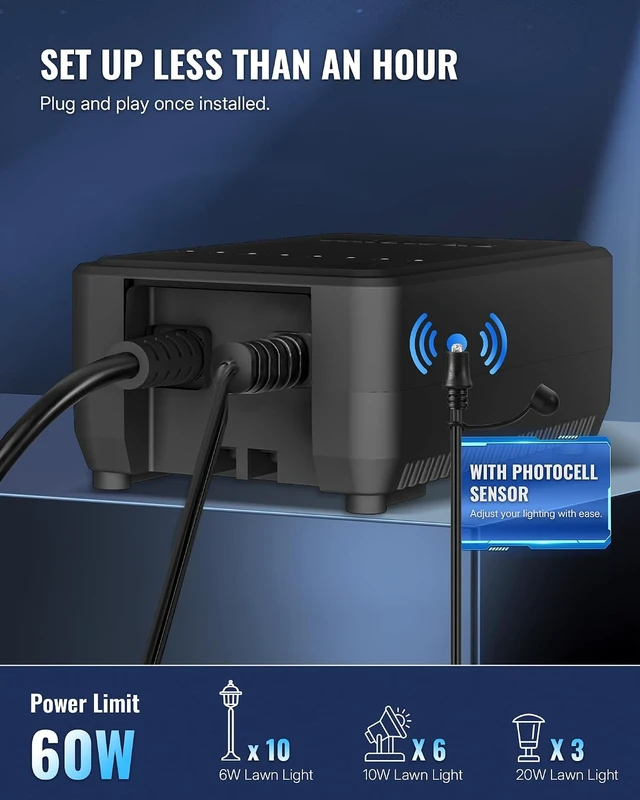 Alt view image 6 of 7 - 60W Low Voltage Landscape Transformer, Weatherproof Outdoor Low Voltage Transformer, 120V AC to 12V DC, Landscape Lighting Transformer with Timer and Photocell Sensor, ETL Listed A01LT06