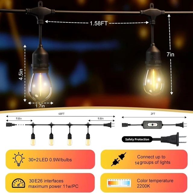 Alt view image 2 of 6 - 50FT Outdoor String Lights Waterproof with 30+2 Bulbs (1.5FT Bulbs Spacing), Remote & Dimmer, Commercial Grade Patio Lights with 3 Mode Light & Timing,100PC Ties for Outside