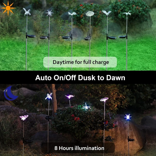 Alt view image 3 of 7 - Glintoper 6 Pack Solar Garden Stake Lights Outdoor, Solar Butterfly Figurine Lights, Multi-Color Changing LED Landscape Lighting, Sparkling Star Flower Hummingbird Dragonfly Bee for Patio Yard Pathway