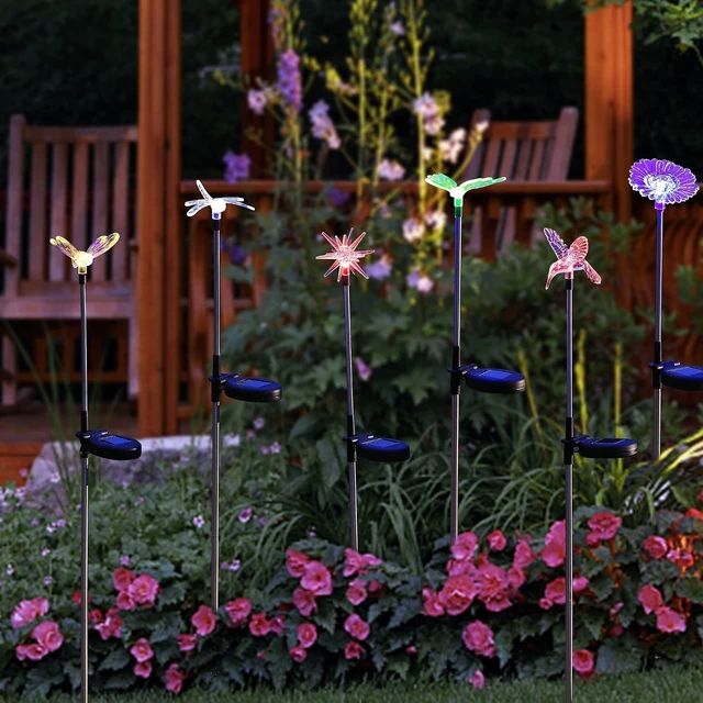 Alt view image 4 of 7 - Glintoper 6 Pack Solar Garden Stake Lights Outdoor, Solar Butterfly Figurine Lights, Multi-Color Changing LED Landscape Lighting, Sparkling Star Flower Hummingbird Dragonfly Bee for Patio Yard Pathway
