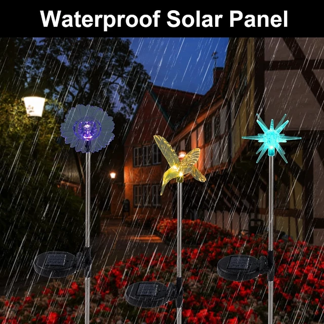 Alt view image 5 of 7 - Glintoper 6 Pack Solar Garden Stake Lights Outdoor, Solar Butterfly Figurine Lights, Multi-Color Changing LED Landscape Lighting, Sparkling Star Flower Hummingbird Dragonfly Bee for Patio Yard Pathway
