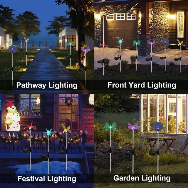 Alt view image 7 of 7 - Glintoper 6 Pack Solar Garden Stake Lights Outdoor, Solar Butterfly Figurine Lights, Multi-Color Changing LED Landscape Lighting, Sparkling Star Flower Hummingbird Dragonfly Bee for Patio Yard Pathway