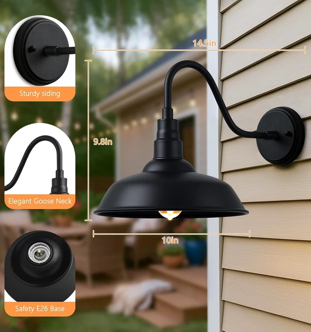 Alt view image 2 of 7 - 10" Outdoor Gooseneck Barn Lights, Black Farmhouse Fixtures, 2-Pack