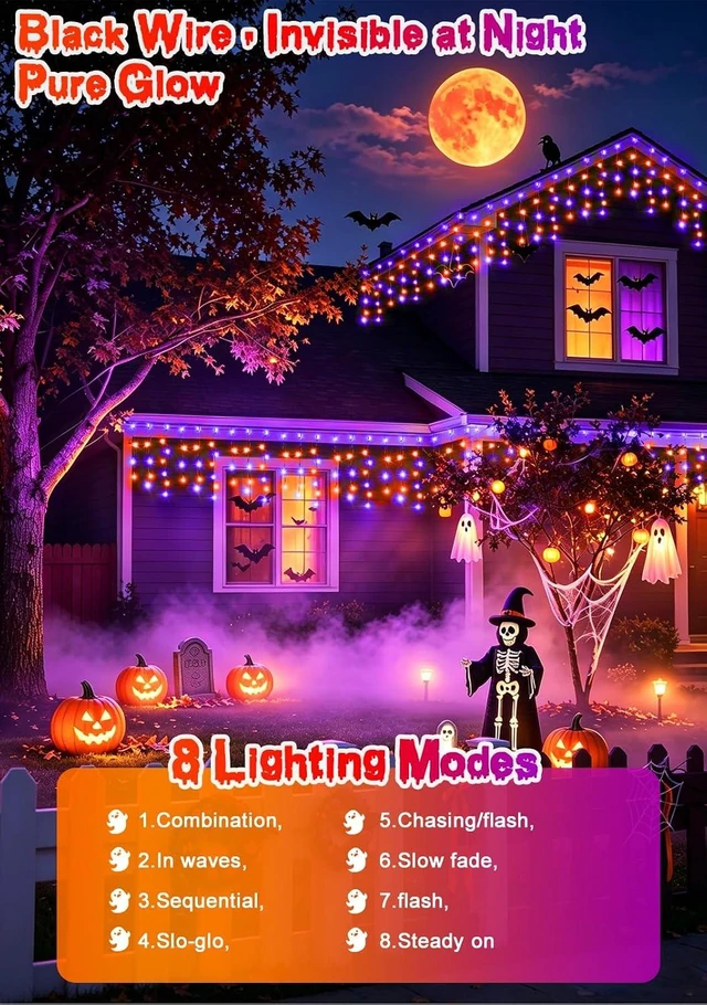 Alt view image 2 of 7 - 66FT 640LED Orange Purple Halloween Lights Outdoor 8 Modes Plug-in