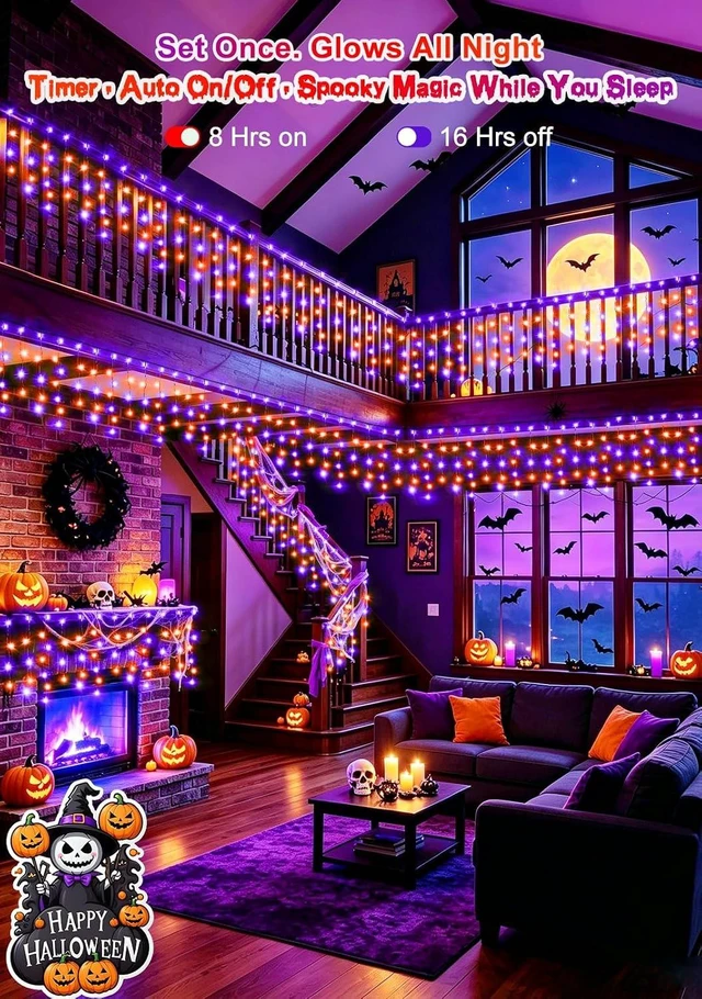 Alt view image 4 of 7 - 66FT 640LED Orange Purple Halloween Lights Outdoor 8 Modes Plug-in