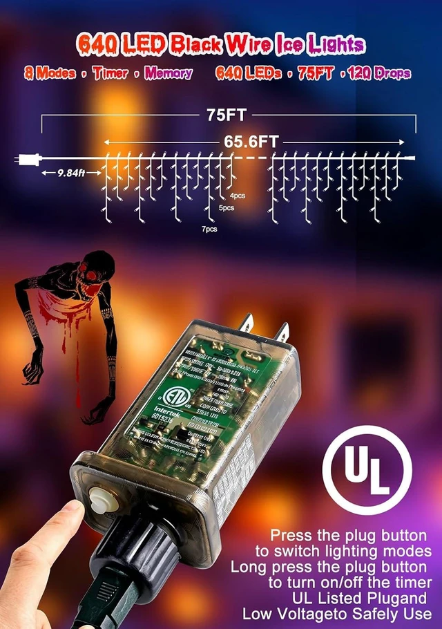Alt view image 5 of 7 - 66FT 640LED Orange Purple Halloween Lights Outdoor 8 Modes Plug-in