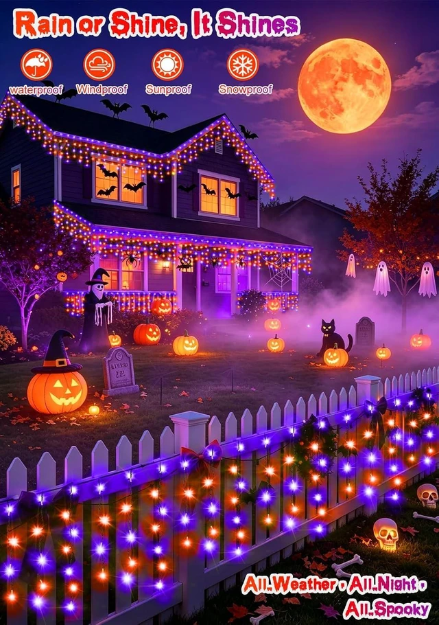 Alt view image 3 of 7 - 66FT 640LED Orange Purple Halloween Lights Outdoor 8 Modes Plug-in