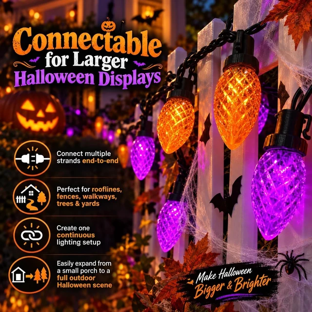 Alt view image 3 of 7 - Connectable 2PK C9 Orange Purple Halloween String Light Plug in 86FT 100LED