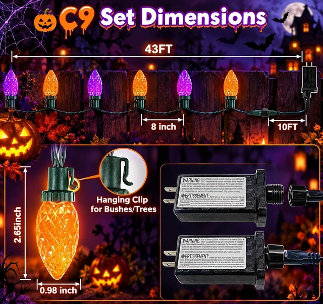 Alt view image 4 of 7 - Connectable 2PK C9 Orange Purple Halloween String Light Plug in 86FT 100LED