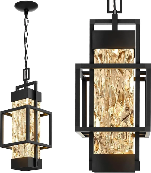 Main image of Hotsonic 15'' Outdoor Indoor Pendant Celing Light Fixture, Modern Exterior Hanging Chandelier Porch Lights, Black Aluminum Outside Lantern Lamp for Entrance Foyer Entryway (Bulb Included)