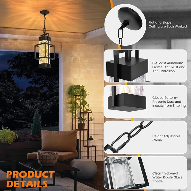 Alt view image 3 of 7 - Hotsonic 15'' Outdoor Indoor Pendant Celing Light Fixture, Modern Exterior Hanging Chandelier Porch Lights, Black Aluminum Outside Lantern Lamp for Entrance Foyer Entryway (Bulb Included)
