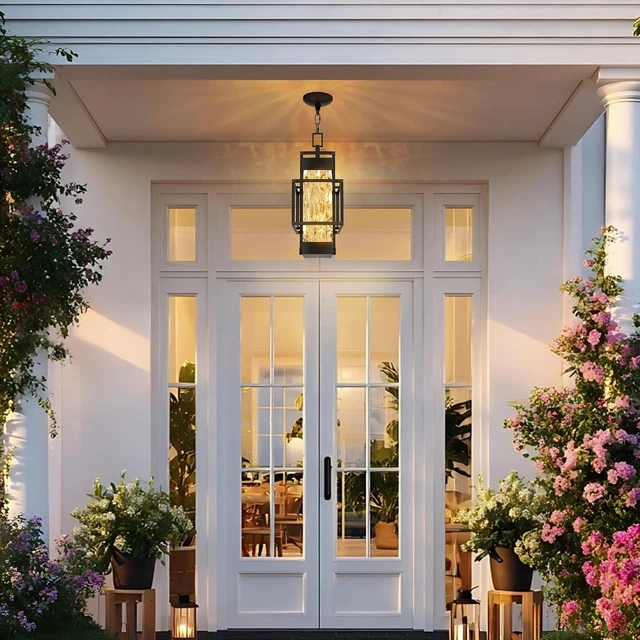 Alt view image 6 of 7 - Hotsonic 15'' Outdoor Indoor Pendant Celing Light Fixture, Modern Exterior Hanging Chandelier Porch Lights, Black Aluminum Outside Lantern Lamp for Entrance Foyer Entryway (Bulb Included)