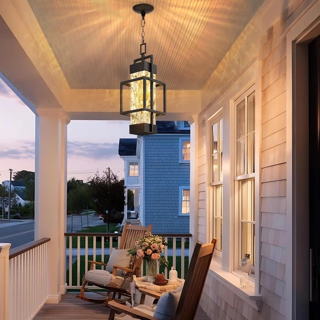 Alt view image 7 of 7 - Hotsonic 15'' Outdoor Indoor Pendant Celing Light Fixture, Modern Exterior Hanging Chandelier Porch Lights, Black Aluminum Outside Lantern Lamp for Entrance Foyer Entryway (Bulb Included)