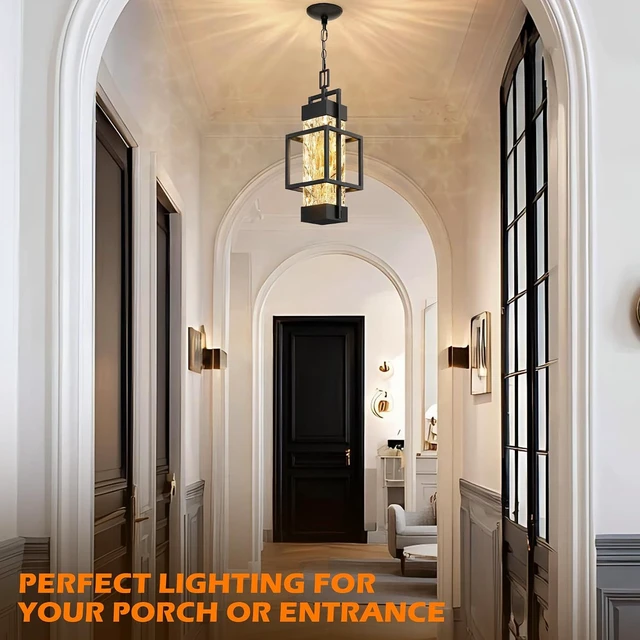 Alt view image 5 of 7 - Hotsonic 15'' Outdoor Indoor Pendant Celing Light Fixture, Modern Exterior Hanging Chandelier Porch Lights, Black Aluminum Outside Lantern Lamp for Entrance Foyer Entryway (Bulb Included)