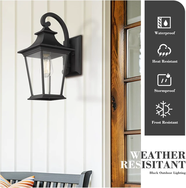 Alt view image 3 of 6 - Emliviar Outdoor Wall Lantern, 1-Light Exterior Wall Mount Light with Clear Glass in Black Finish, 18" Height, 500181