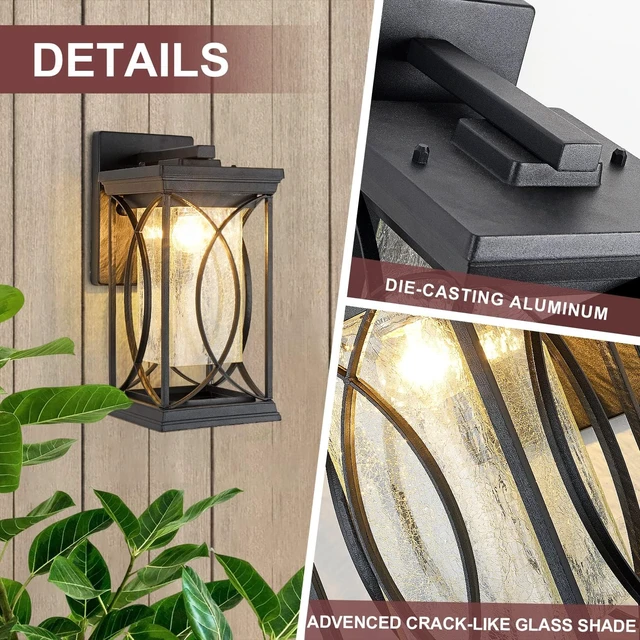 Alt view image 4 of 7 - Dusk to Dawn Modern Outdoor Coach Lantern Exterior Light Fixtures Black Aluminum with Crack-Like Glass Waterproof Wall Sconce Mission Outside Light for House Front Porch Lighting