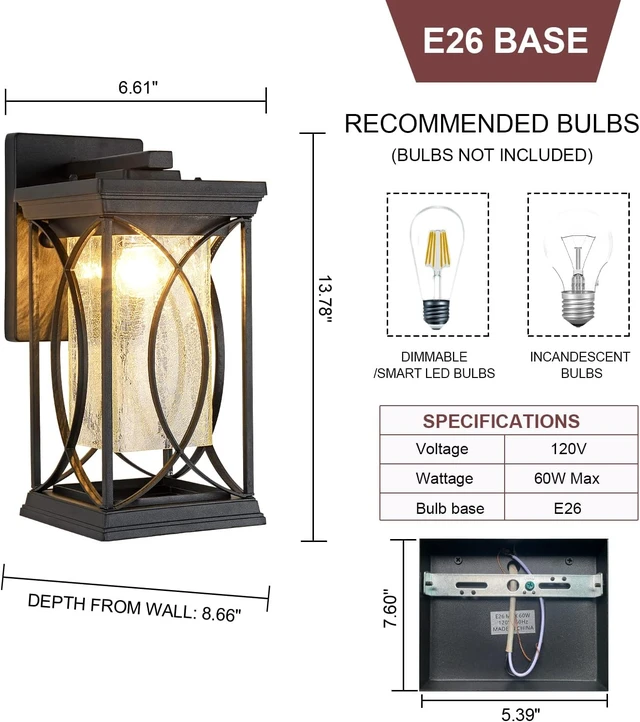Alt view image 5 of 7 - Dusk to Dawn Modern Outdoor Coach Lantern Exterior Light Fixtures Black Aluminum with Crack-Like Glass Waterproof Wall Sconce Mission Outside Light for House Front Porch Lighting