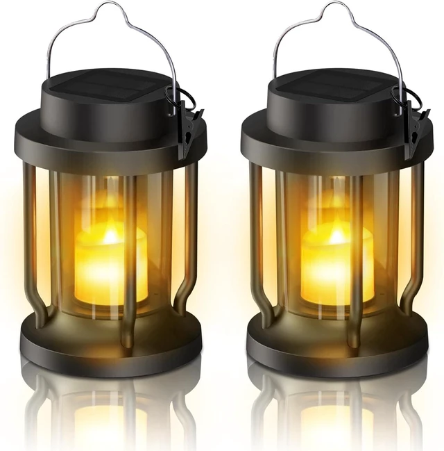 Main image of Solar Lantern Outdoor Indoor Use Hanging Solar Lights with Realistic Flickering Flameless Candle, Weatherproof for Garden Decor, Patios, Trees, and Lawns (Black, 2 Pack)