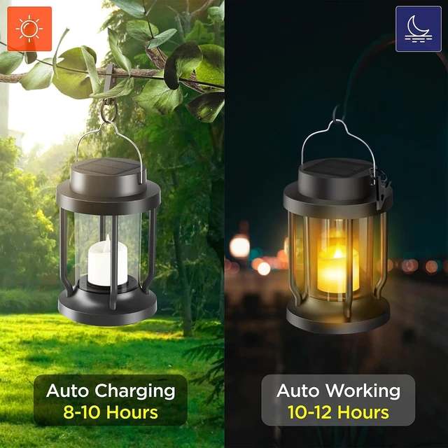 Alt view image 2 of 7 - Solar Lantern Outdoor Indoor Use Hanging Solar Lights with Realistic Flickering Flameless Candle, Weatherproof for Garden Decor, Patios, Trees, and Lawns (Black, 2 Pack)