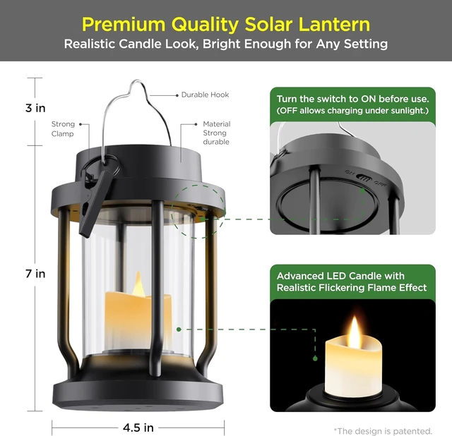 Alt view image 6 of 7 - Solar Lantern Outdoor Indoor Use Hanging Solar Lights with Realistic Flickering Flameless Candle, Weatherproof for Garden Decor, Patios, Trees, and Lawns (Black, 2 Pack)
