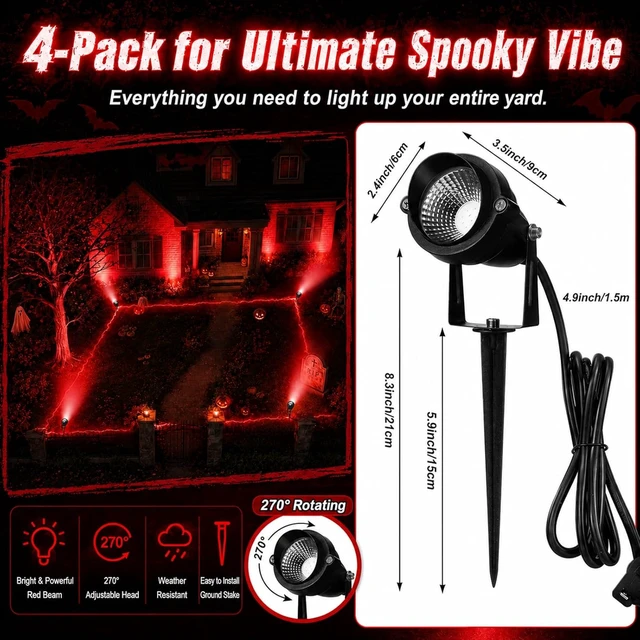 Alt view image 2 of 6 - Rossesay 4 Pcs Halloween Red Spotlight Outdoor Plug in