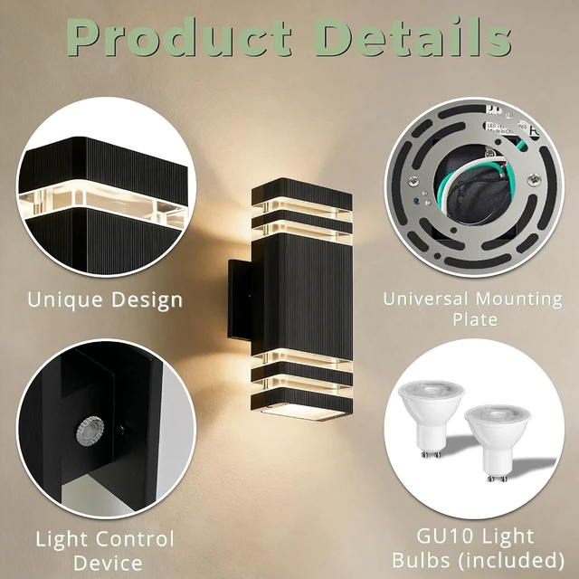 Alt view image 4 of 7 - JYV Square Dusk to Dawn Outdoor Wall Lights 2 Pack, Up and Down, Black