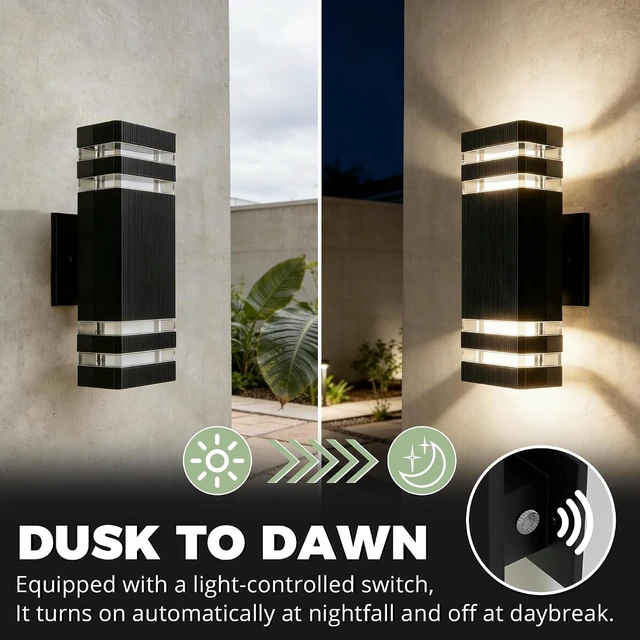 Alt view image 3 of 7 - JYV Square Dusk to Dawn Outdoor Wall Lights 2 Pack, Up and Down, Black