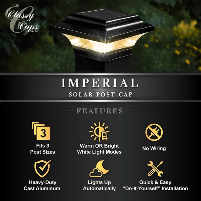Alt view image 7 of 7 - Classy Caps 2x2 Imperial Solar Post Cap - Fits 2"x2", 2.25"x2.25", & 2.5"x2.5" Deck & Fence Posts - Black Cast Aluminum - Warm/Cool Light Color Modes