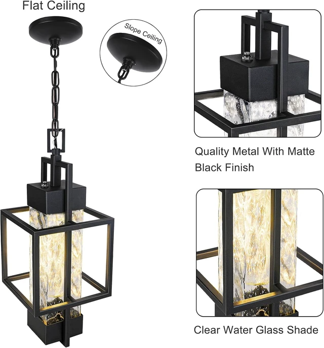 Alt view image 2 of 7 - 15" Dusk to Dawn Outdoor Pendant Light Exterior Hanging Lantern, Modern Black Metal Outside Chandelier Light Fixture Ceiling Mount with Water Glass for Front Porch Entrance Foyer Entryway