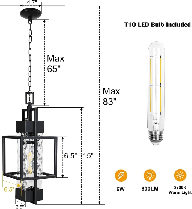 Alt view image 3 of 7 - 15" Dusk to Dawn Outdoor Pendant Light Exterior Hanging Lantern, Modern Black Metal Outside Chandelier Light Fixture Ceiling Mount with Water Glass for Front Porch Entrance Foyer Entryway