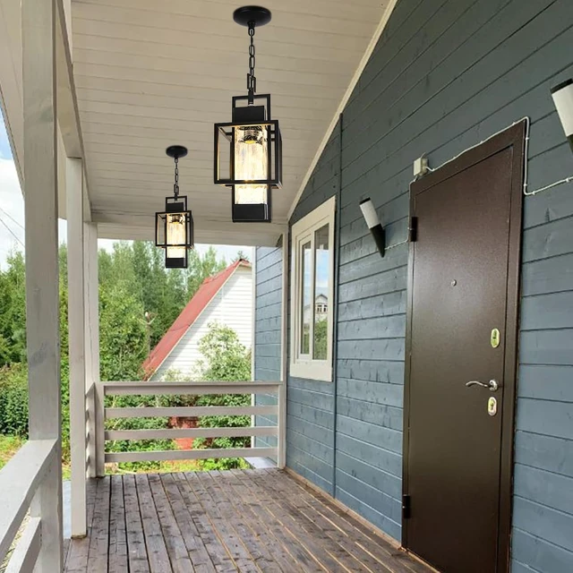 Alt view image 4 of 7 - 15" Dusk to Dawn Outdoor Pendant Light Exterior Hanging Lantern, Modern Black Metal Outside Chandelier Light Fixture Ceiling Mount with Water Glass for Front Porch Entrance Foyer Entryway