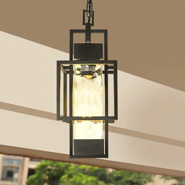 Alt view image 6 of 7 - 15" Dusk to Dawn Outdoor Pendant Light Exterior Hanging Lantern, Modern Black Metal Outside Chandelier Light Fixture Ceiling Mount with Water Glass for Front Porch Entrance Foyer Entryway