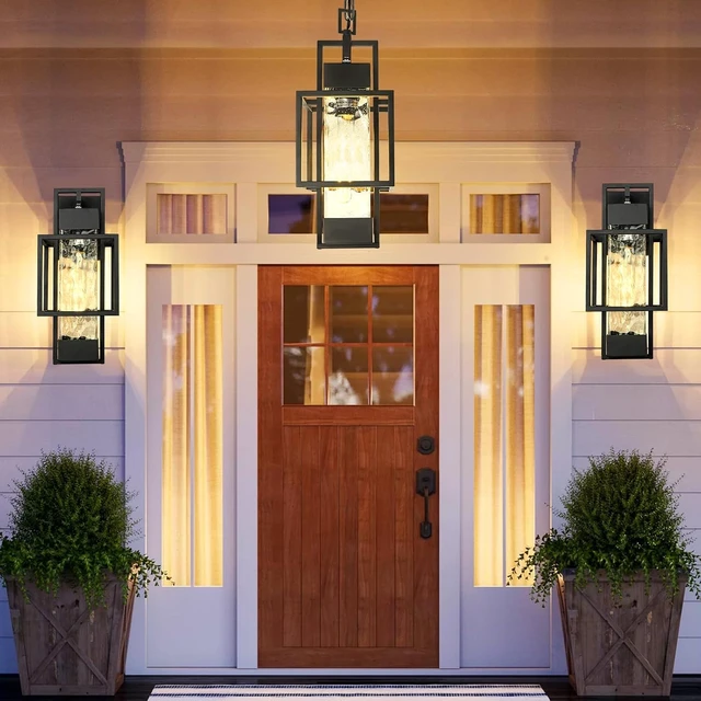 Alt view image 5 of 7 - 15" Dusk to Dawn Outdoor Pendant Light Exterior Hanging Lantern, Modern Black Metal Outside Chandelier Light Fixture Ceiling Mount with Water Glass for Front Porch Entrance Foyer Entryway