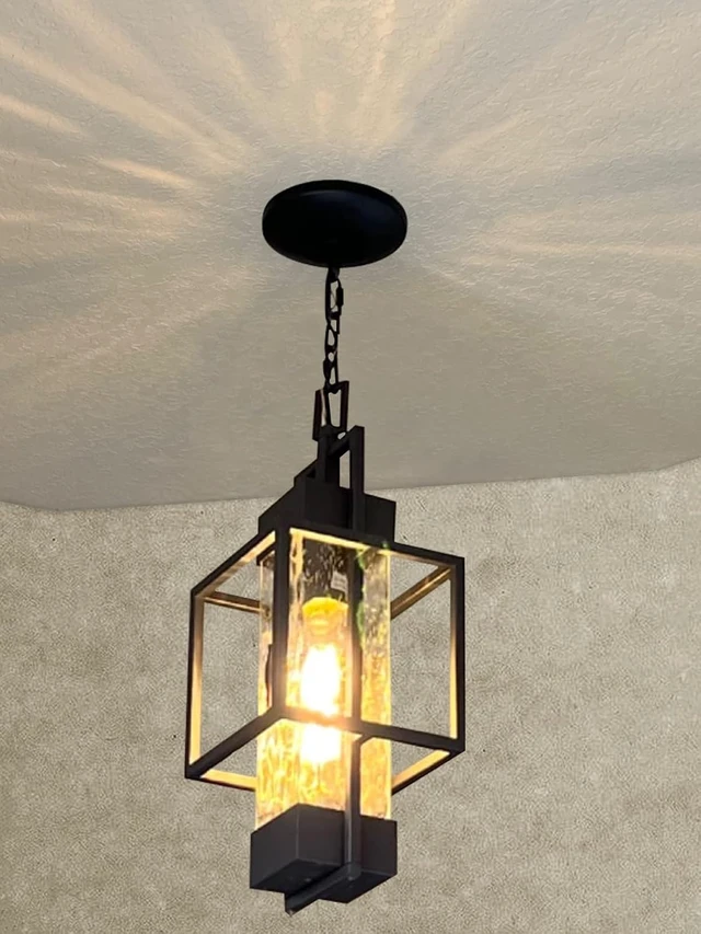 Alt view image 7 of 7 - 15" Dusk to Dawn Outdoor Pendant Light Exterior Hanging Lantern, Modern Black Metal Outside Chandelier Light Fixture Ceiling Mount with Water Glass for Front Porch Entrance Foyer Entryway