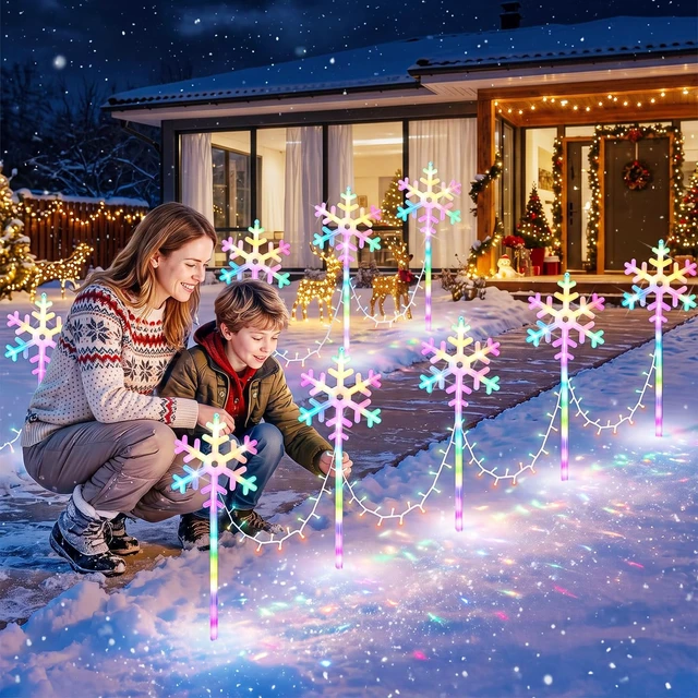 Alt view image 4 of 7 - Snowflake Lights Colorful Christmas Pathway Lights 10 Pcs Waterproof Snowflake Light 8 Lighting Modes Xmas Walkway Marker Lights LED Stake Sidewalk Light for Christmas Decor Outdoor Holiday Display
