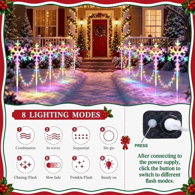 Alt view image 5 of 7 - Snowflake Lights Colorful Christmas Pathway Lights 10 Pcs Waterproof Snowflake Light 8 Lighting Modes Xmas Walkway Marker Lights LED Stake Sidewalk Light for Christmas Decor Outdoor Holiday Display