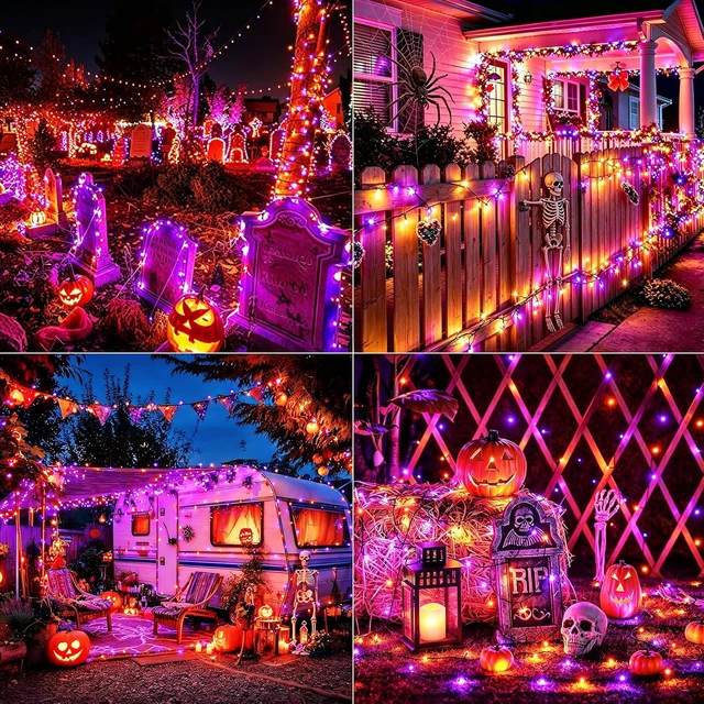 Alt view image 2 of 7 - Jedavai 6Pack 240FT 600 LED Solar Halloween String Lights, Orange & Purple Solar Lights Outdoor with 8 Lighting Modes Waterproof Solar Fairy Lights for Garden Yard Patio Party Tree Decoration