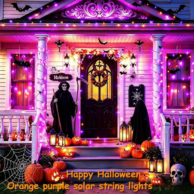 Alt view image 3 of 7 - Jedavai 6Pack 240FT 600 LED Solar Halloween String Lights, Orange & Purple Solar Lights Outdoor with 8 Lighting Modes Waterproof Solar Fairy Lights for Garden Yard Patio Party Tree Decoration